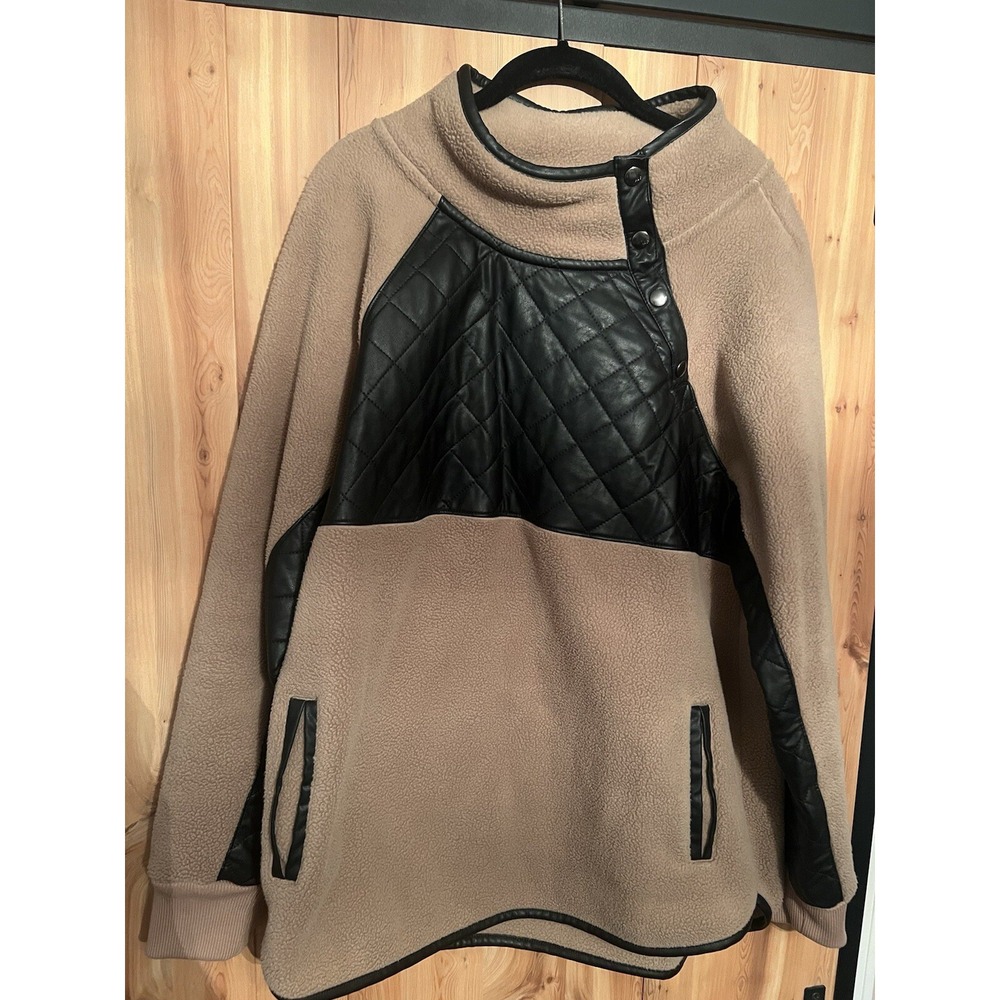 Abercrombie & Fitch Jacket Womens Large Brown Fleece Black Faux Leather Pullover